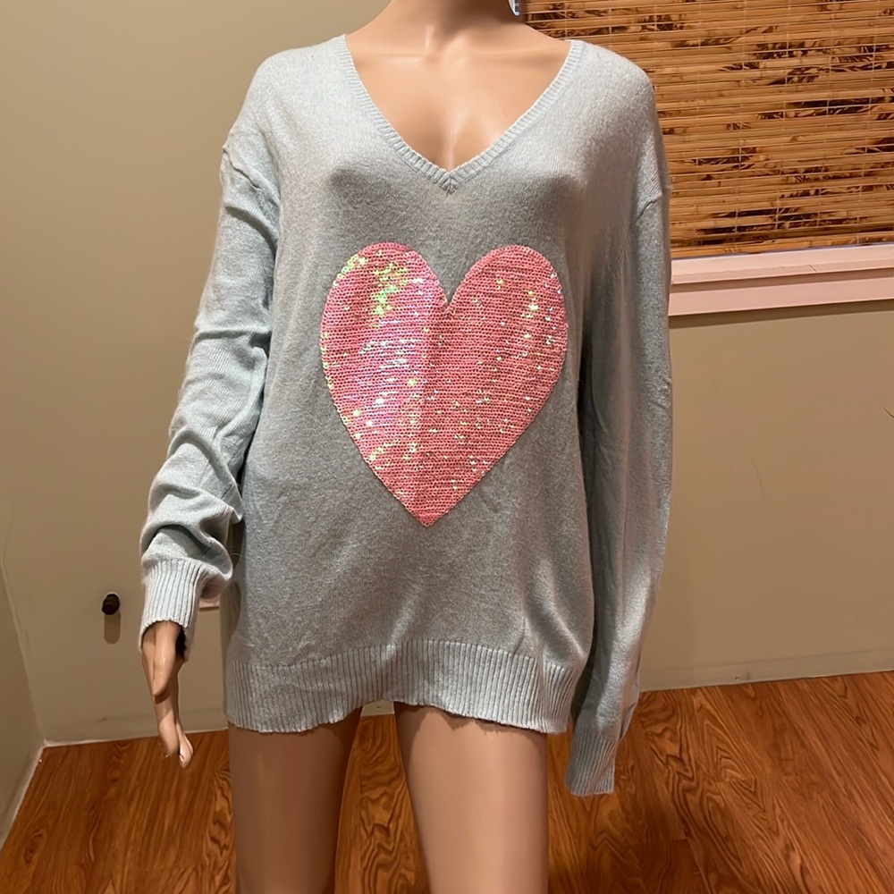 Wildfox White Label Light Material Teal Sweater With Pink Sequin Heart Size L